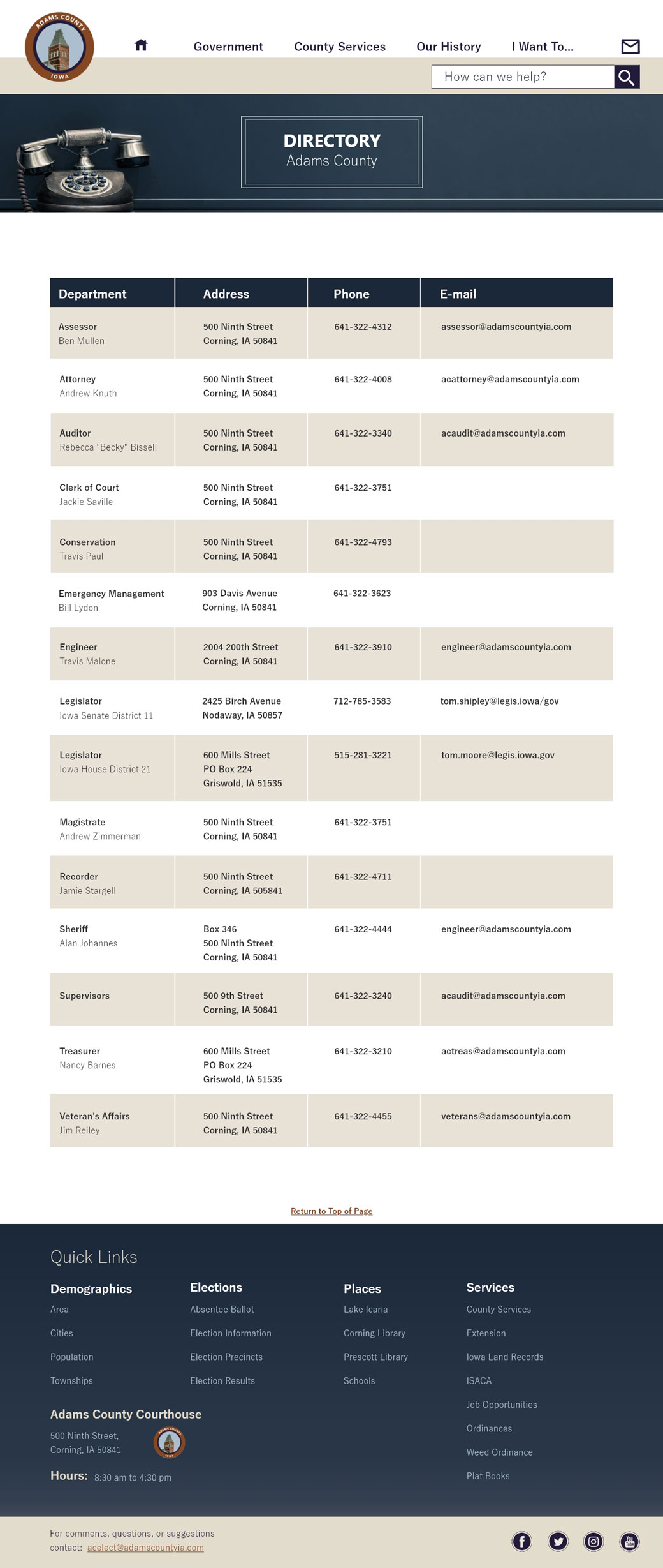 Adams County Directory Page